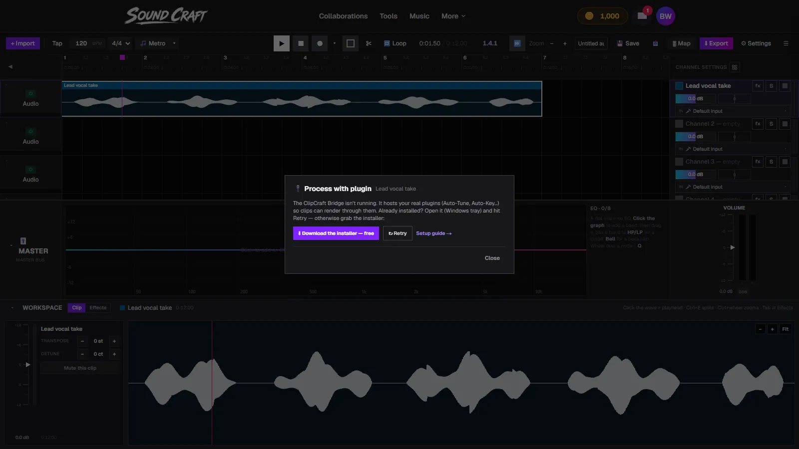 The Process with plugin modal in SoundCraft offering the Bridge installer download when the Bridge isn't running
