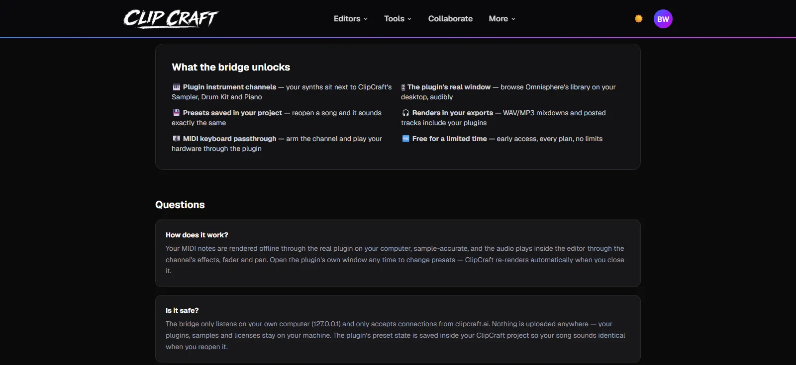 The ClipCraft Bridge download page listing plugin instrument channels, saved presets, MIDI passthrough and export support