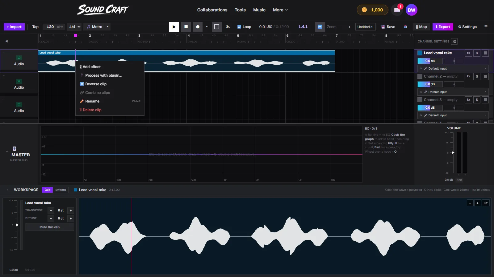 A vocal clip in SoundCraft with the right-click menu open, showing Process with plugin and Add effect