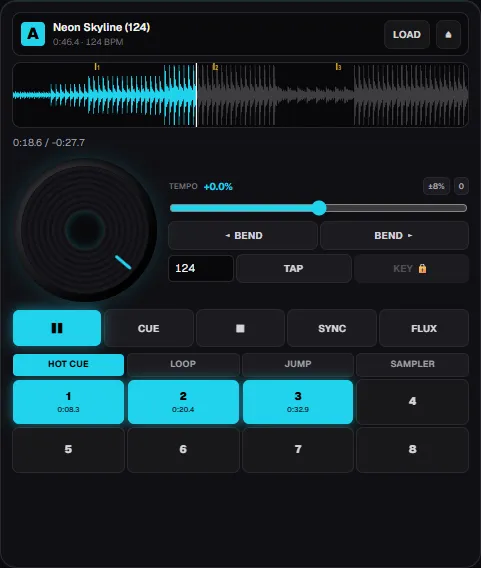 Deck A close-up showing the waveform with numbered hot cue ticks, the jog wheel, tempo controls and lit hot cue pads