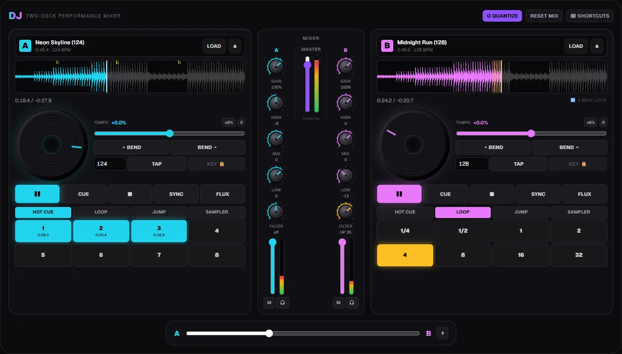 ClipCraft's free online DJ mixer with tracks loaded on both decks, hot cues set, a 4-beat loop running and the crossfader mid-blend