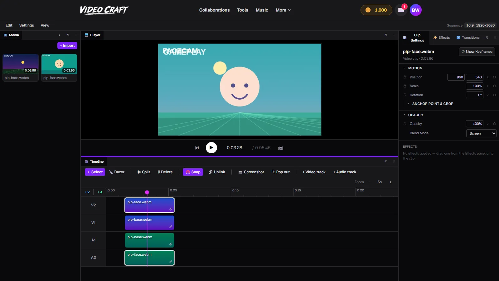 The facecam clip set to Screen blend mode, lightening as it mixes over the gameplay in VideoCraft