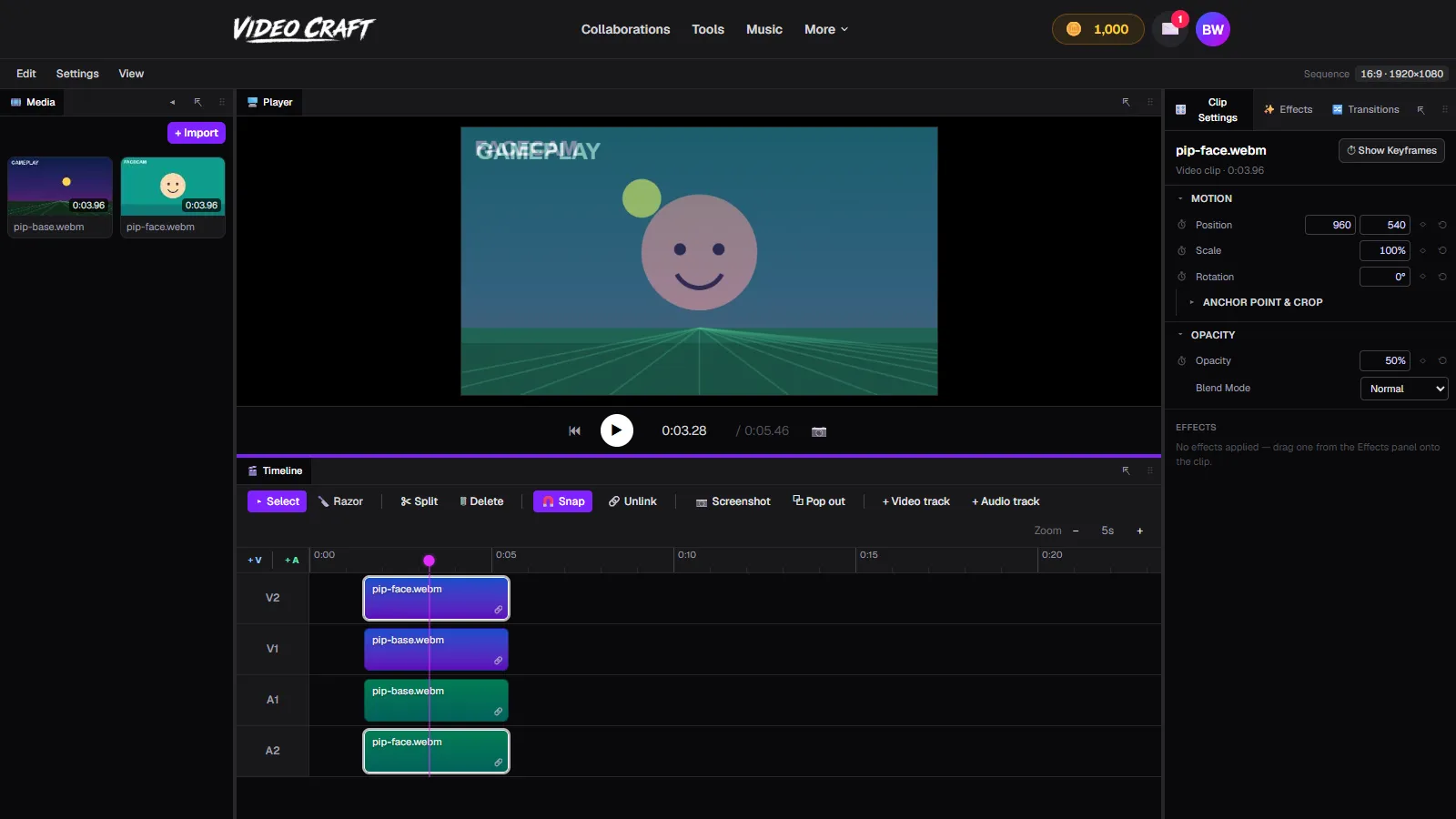 A facecam layer at 50 percent opacity showing the gameplay scene through it in VideoCraft