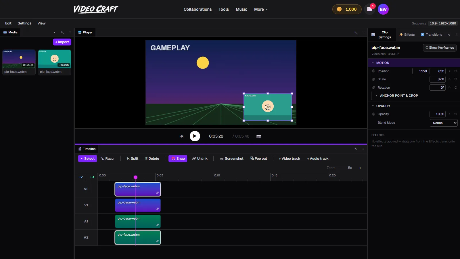 A facecam scaled to 32 percent in the bottom-right corner over full-frame gameplay, Motion gizmo active in VideoCraft