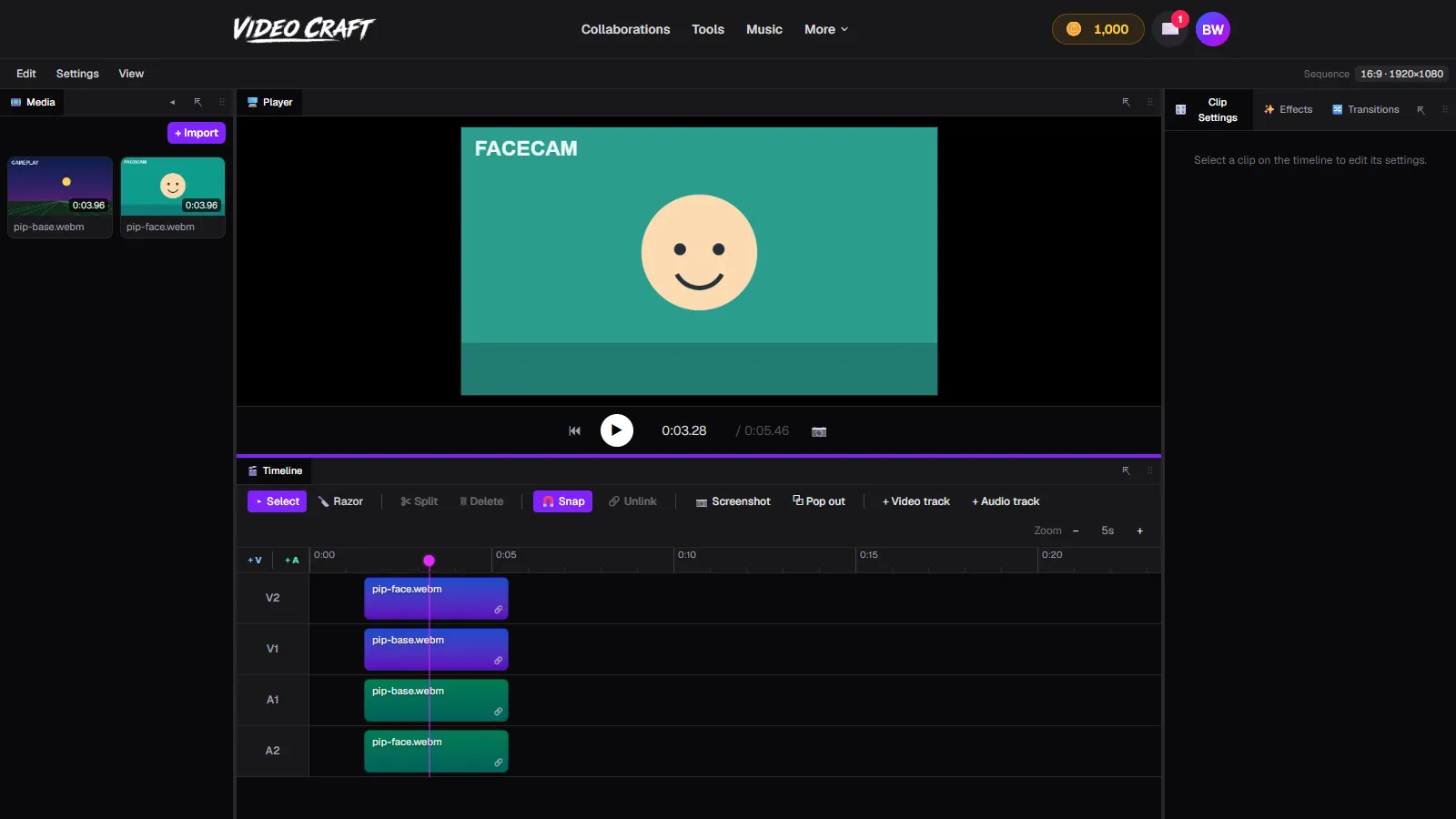 Two video tracks stacked in VideoCraft, a facecam clip on V2 above a gameplay clip on V1