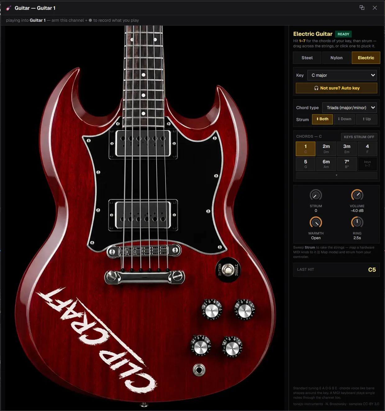 The Electric tone in the SoundCraft guitar window, a cherry-red solid-body guitar with nickel strings anchored on the tailpiece