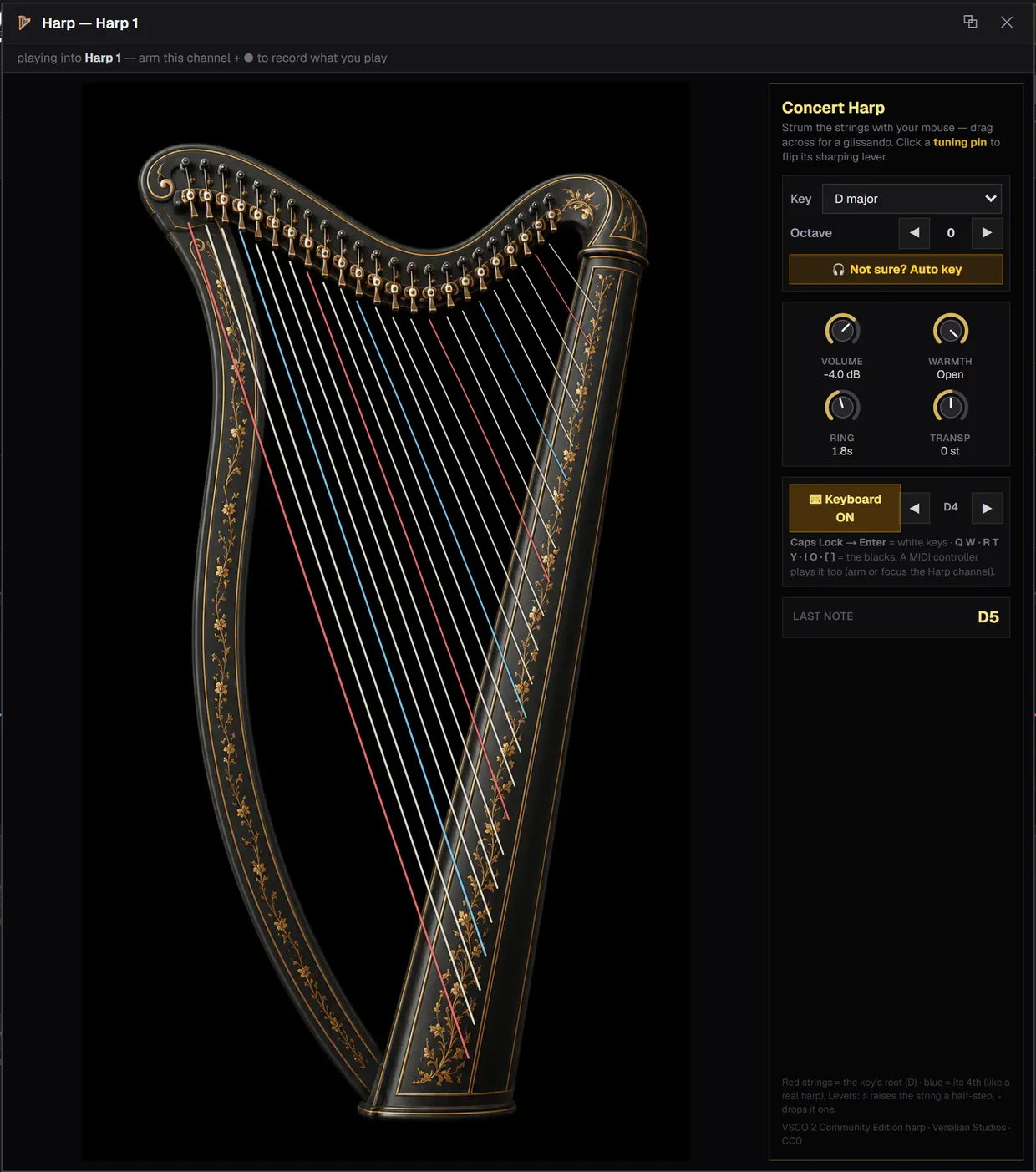 The harp tuned to D major in SoundCraft, with the key picker set to D and the root strings highlighted