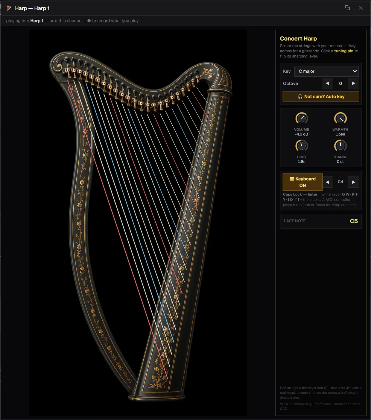 The playable Concert Harp window in SoundCraft, with 23 strings strung over the harp artwork and the key and knob controls beside it