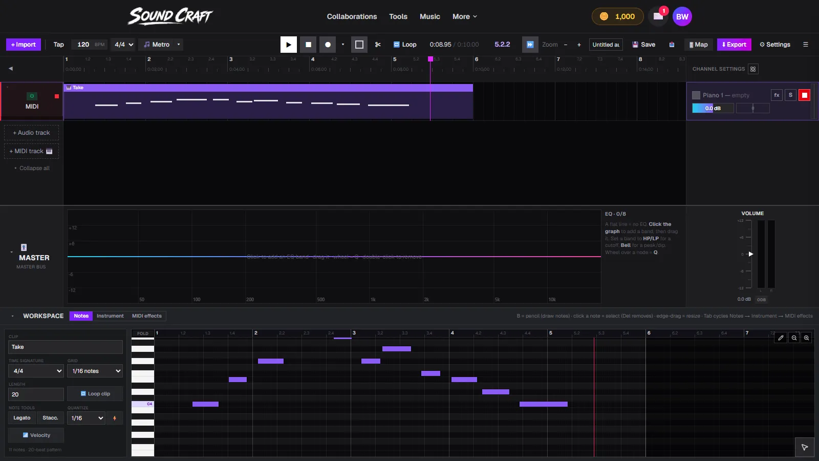 A recorded Take clip on the timeline and the piano roll below showing eleven notes of a C major run