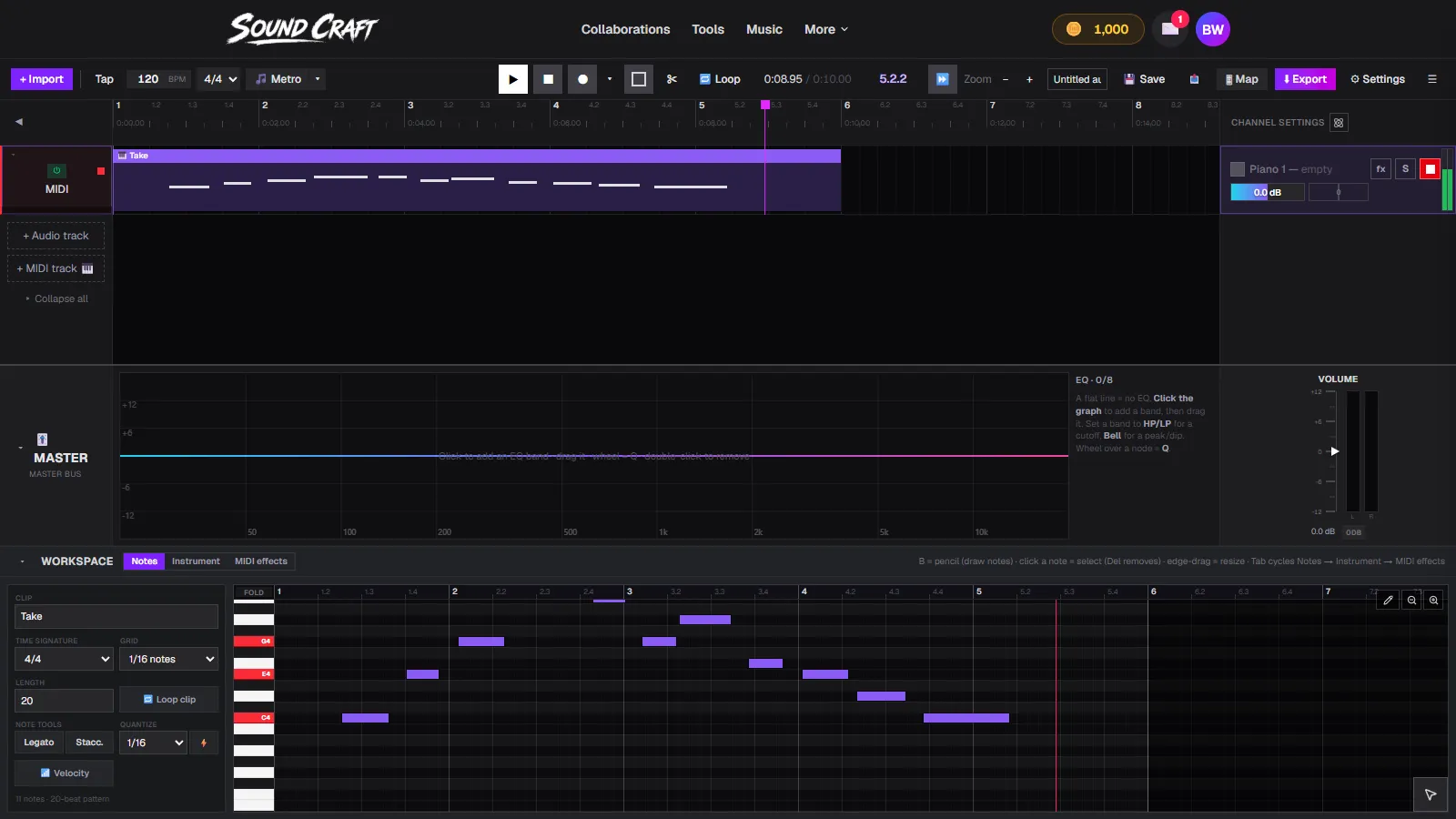 A held C major chord lighting up the C4, E4 and G4 keys red in SoundCraft's piano roll key column