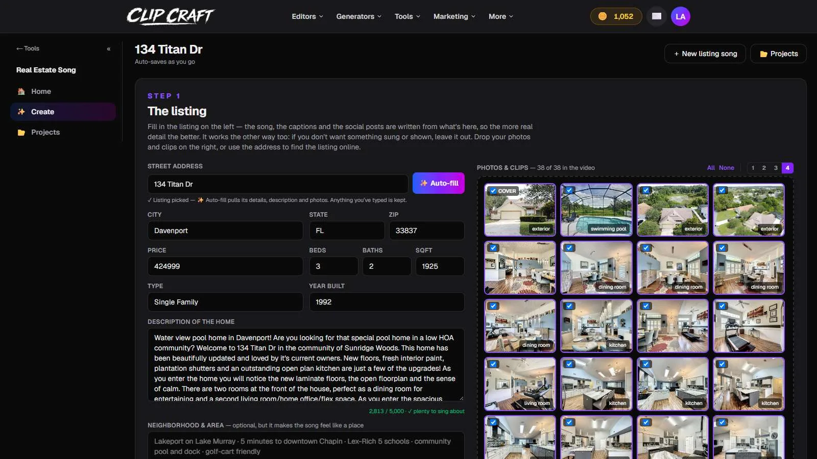 The Real Estate Song studio: the listing form on the left, the listing photos in a grid on the right