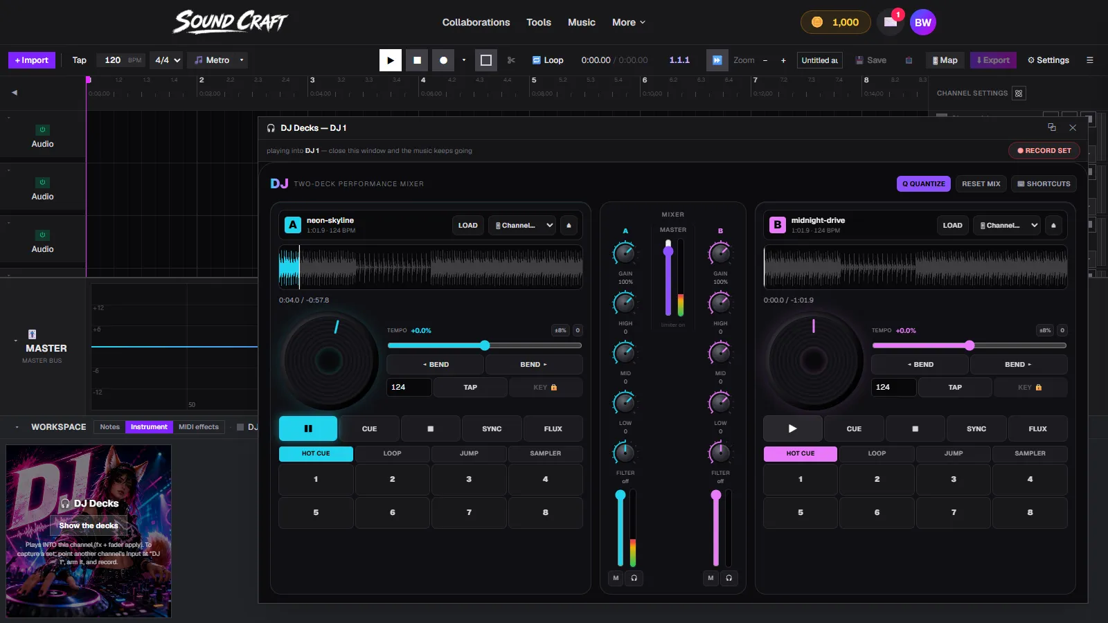 The DJ Decks floating window over the SoundCraft timeline, both decks loaded at 124 BPM, with the Record set button top right