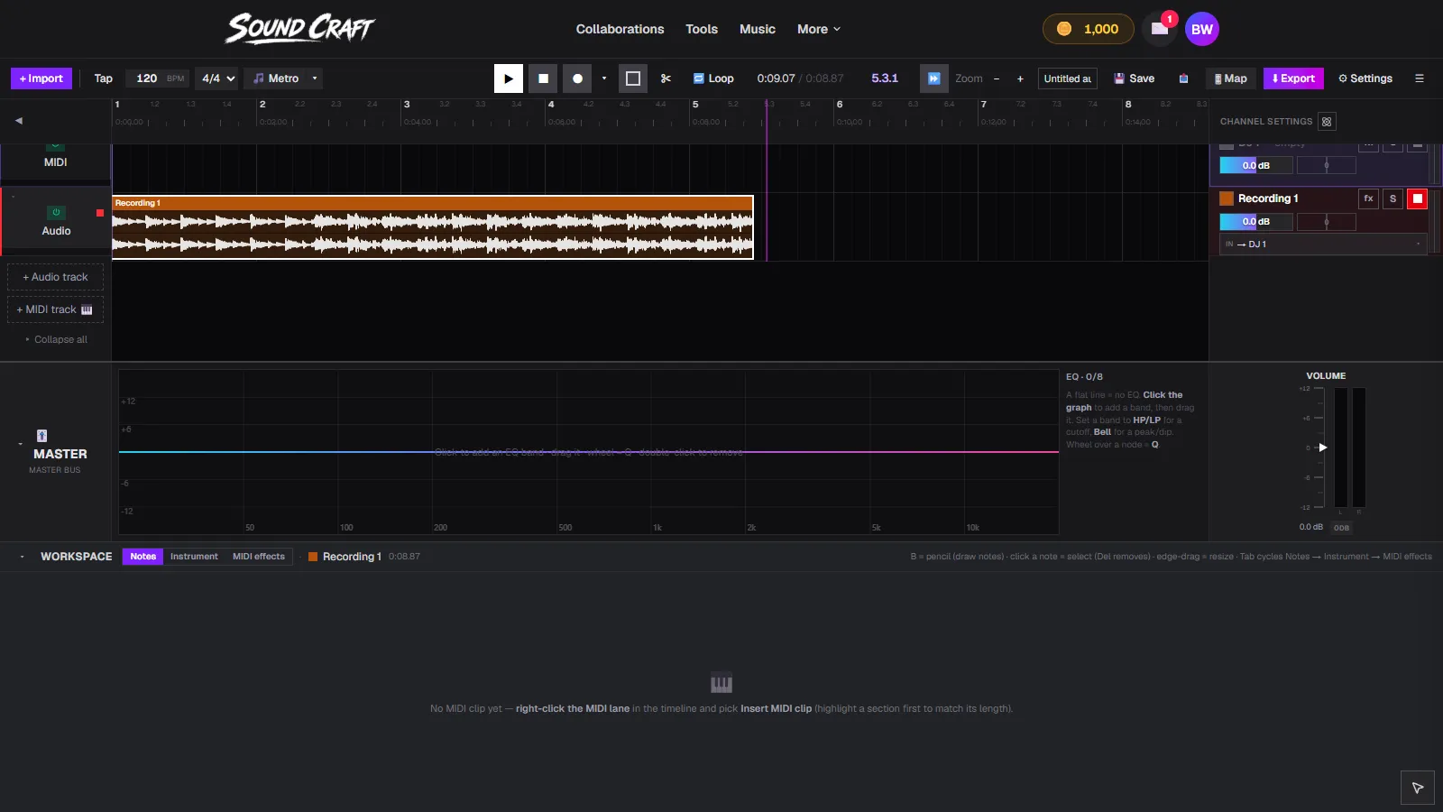 The recorded DJ set as an audio clip named Recording 1 on its own channel in the SoundCraft timeline