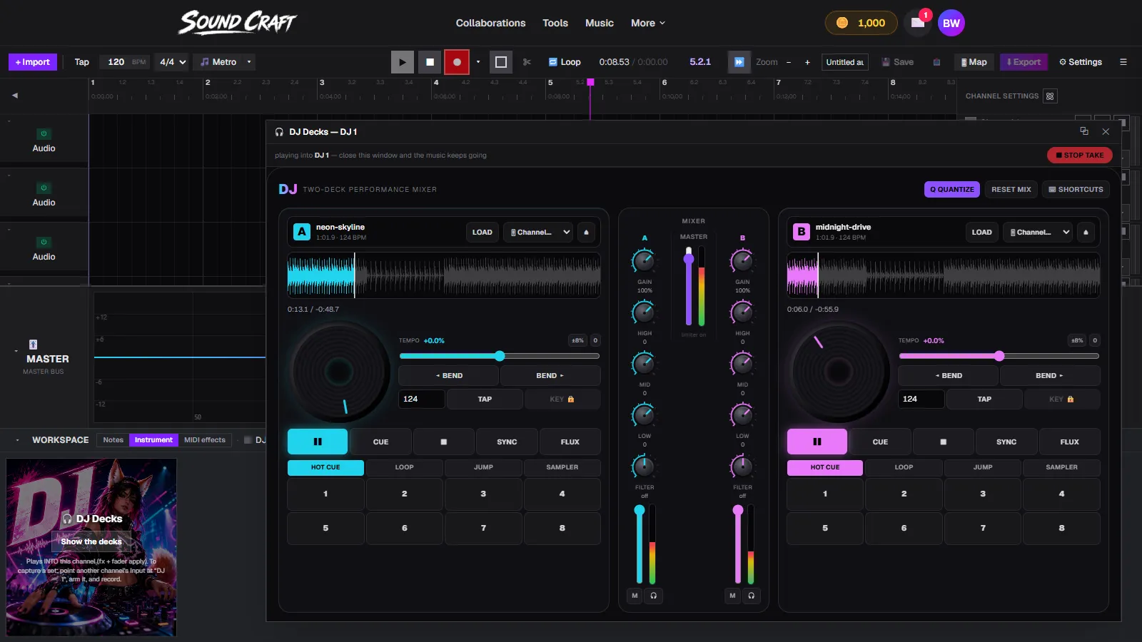 Recording in progress: both decks playing, the transport counter rolling and a red Stop take button in the DJ window header