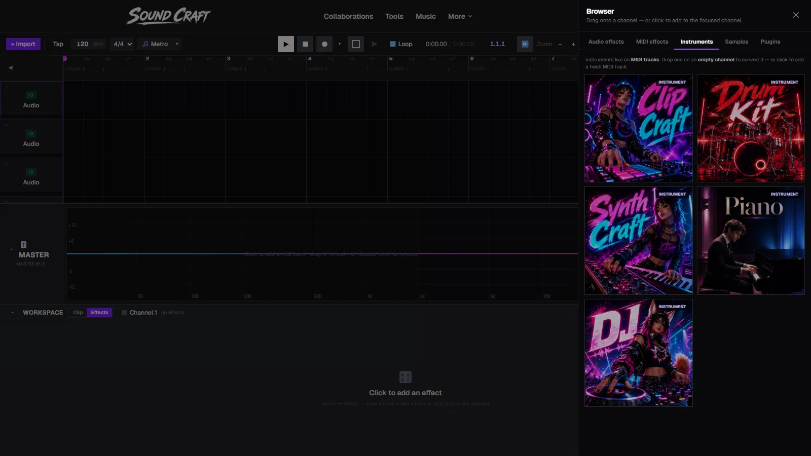 SoundCraft's instrument browser with the DJ Decks tile alongside the Drum Kit, SynthCraft and Grand Piano