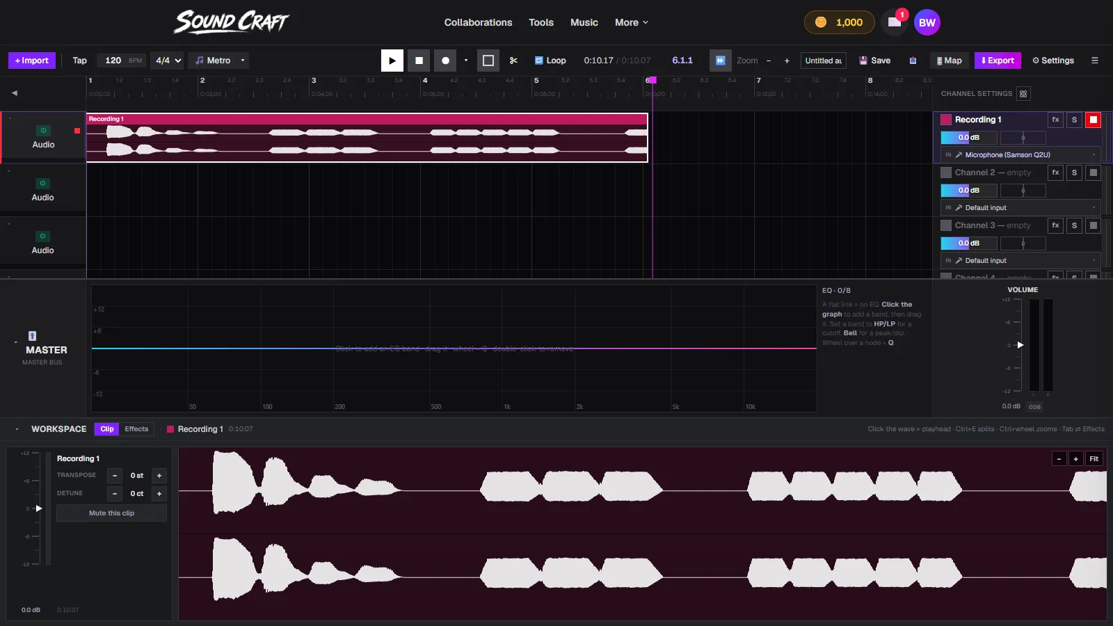 A finished vocal take clip in SoundCraft with its stereo waveform in the zoomable clip view