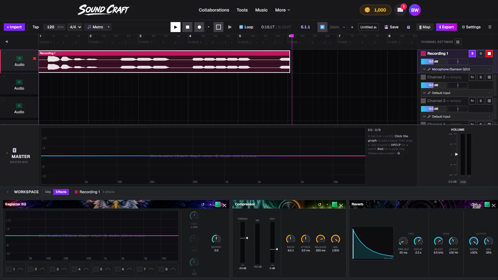 A vocal mixing chain in SoundCraft: 8-band EQ, compressor with gain-reduction meter, and reverb on the recorded channel