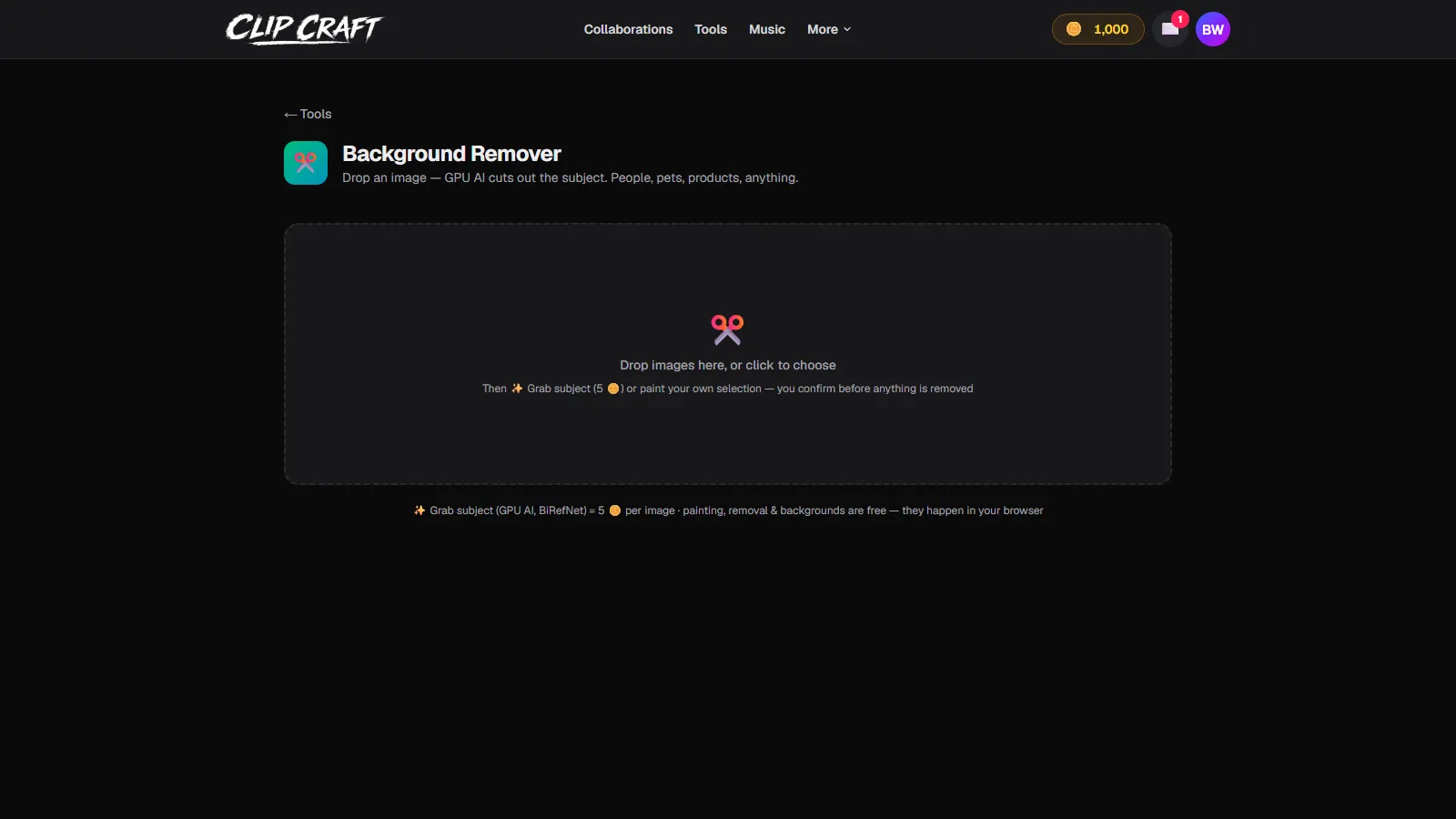 ClipCraft's Background Remover tool with its empty drop zone