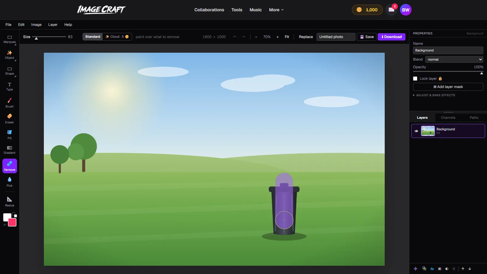 Painting a violet overlay over a trash bin with ImageCraft's Remove tool, mid-stroke