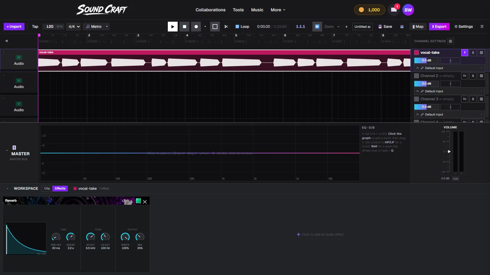 SoundCraft's Reverb effect open on a vocal channel, with pre-delay, decay, tone and mix knobs and a decay-tail graph