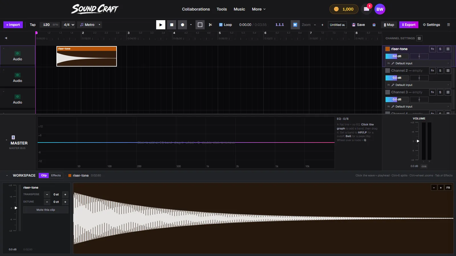 A decaying tone loaded as a clip on a SoundCraft timeline lane, with its waveform in the workspace below
