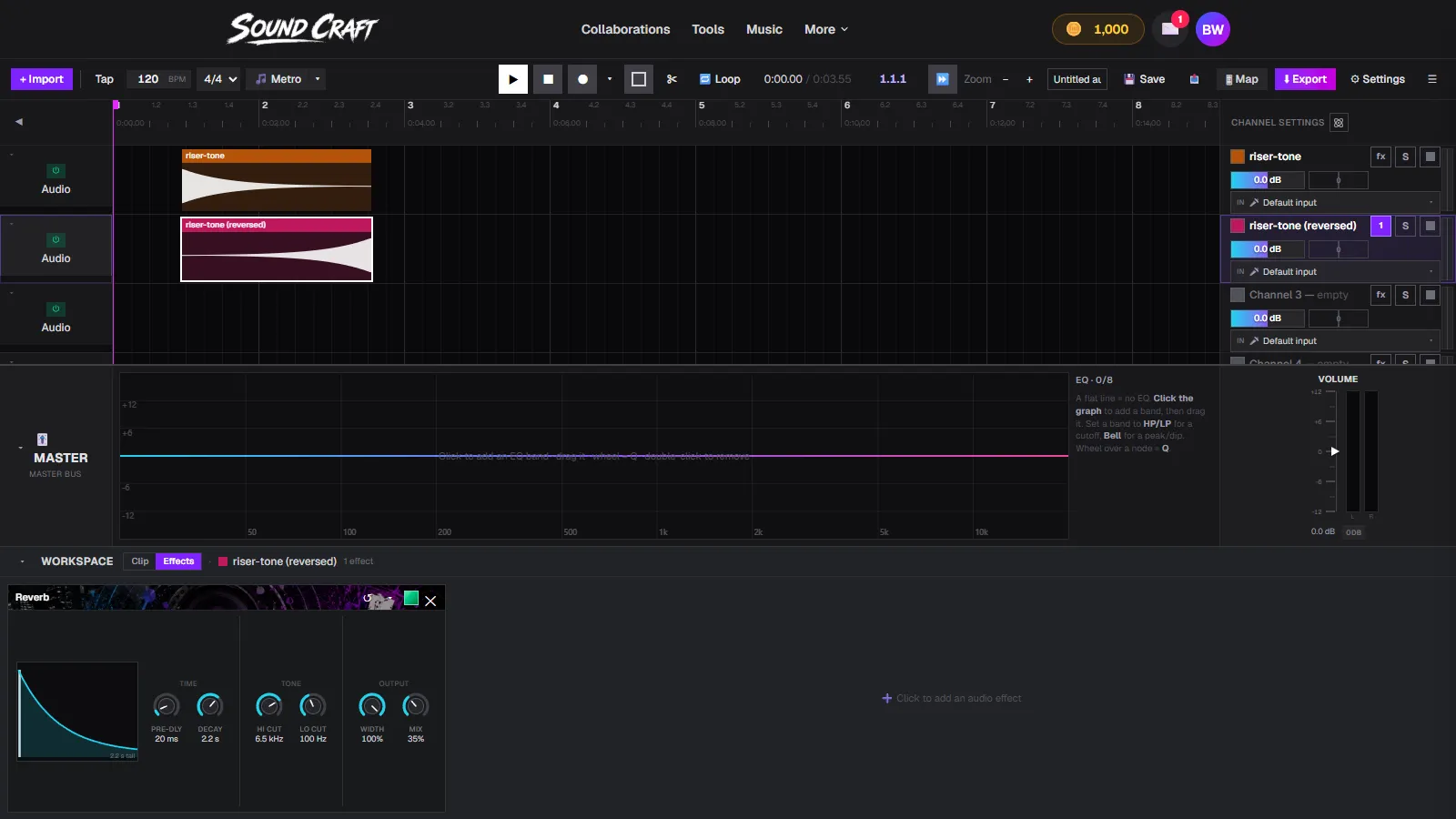 A Reverb effect added to a reversed clip in SoundCraft, showing decay, mix and tone knobs