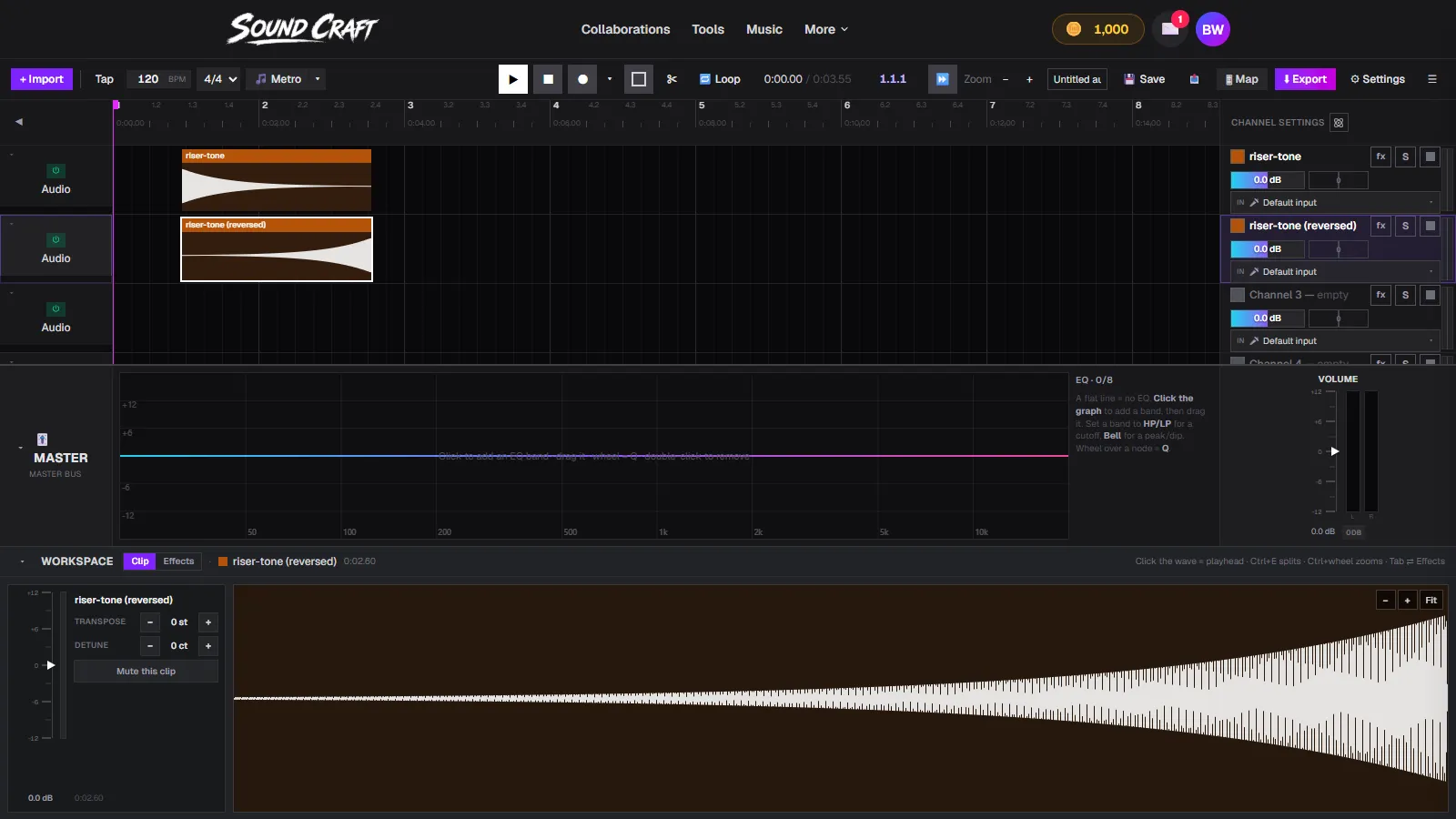 Before and after waveforms in SoundCraft, one clip decaying and its reversed copy swelling