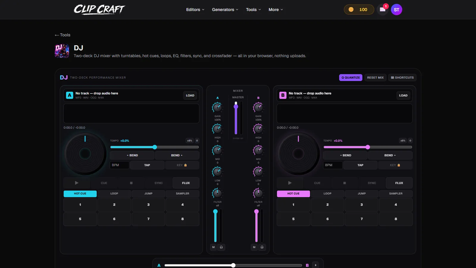 The two-deck DJ mixer with jog wheels, hot cues, loop and sampler pads, EQ and filter knobs and a crossfader