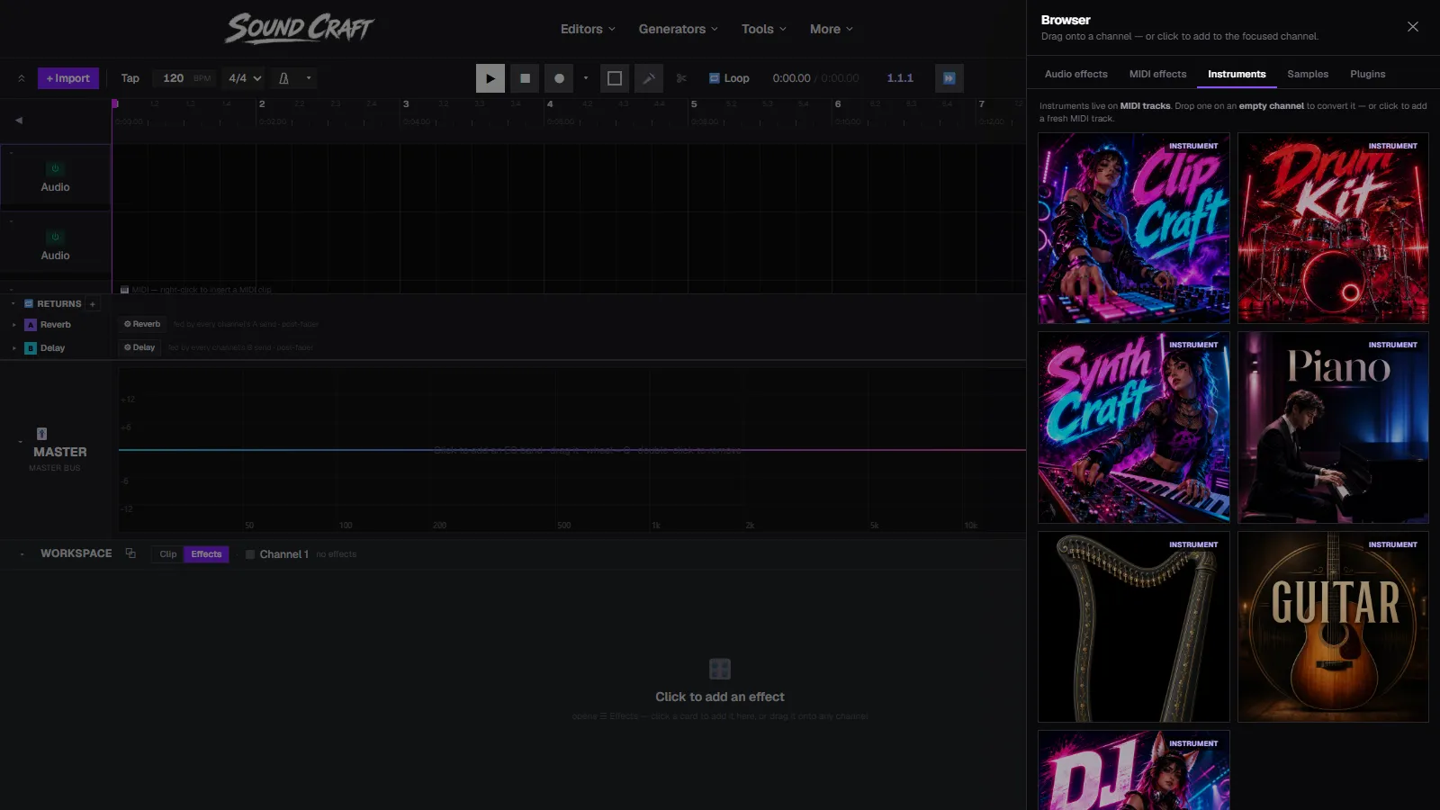 SoundCraft's instrument browser with artwork tiles for Drum Kit, SynthCraft, Grand Piano, Harp, Guitar and DJ Decks