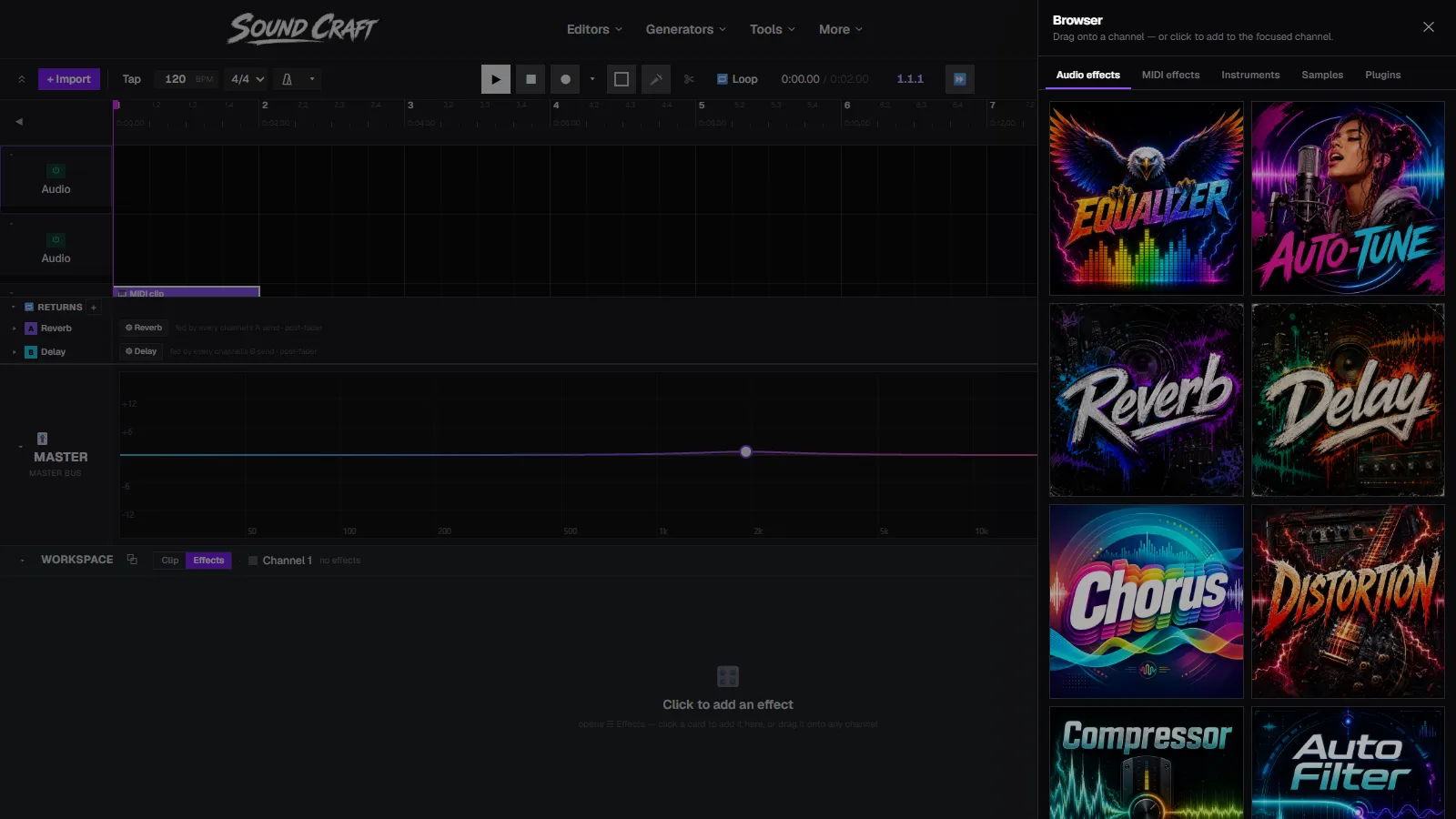 SoundCraft's effects browser open with artwork tiles for Equalizer, Auto-Tune, Reverb, Delay, Chorus, Distortion, Compressor and Auto Filter
