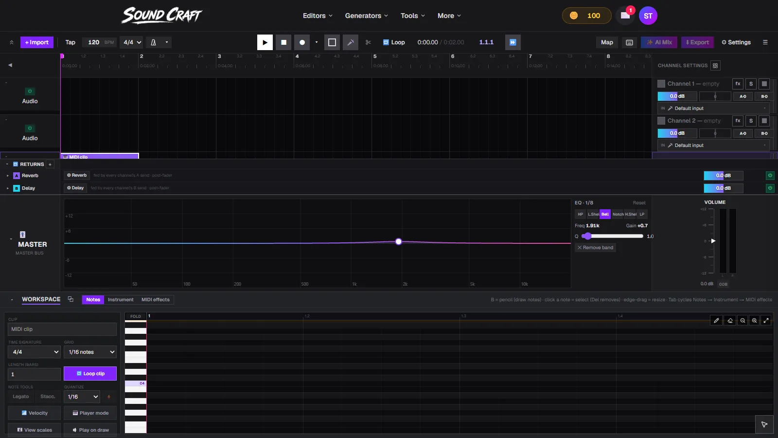 SoundCraft's piano roll with a MIDI clip on the timeline, note tools, velocity lane, quantize and scale view controls
