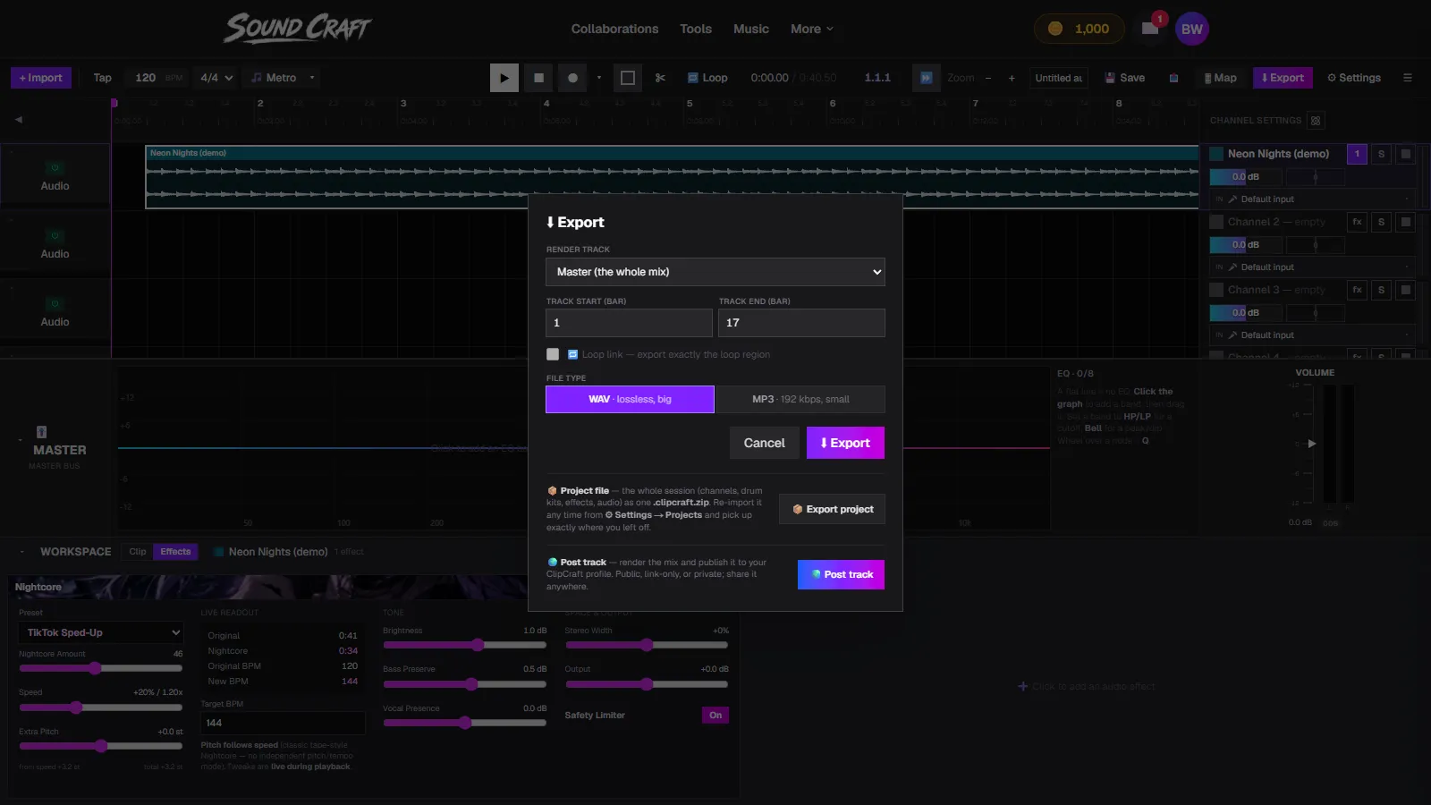 SoundCraft's export dialog with WAV and MP3 options for downloading the sped-up song