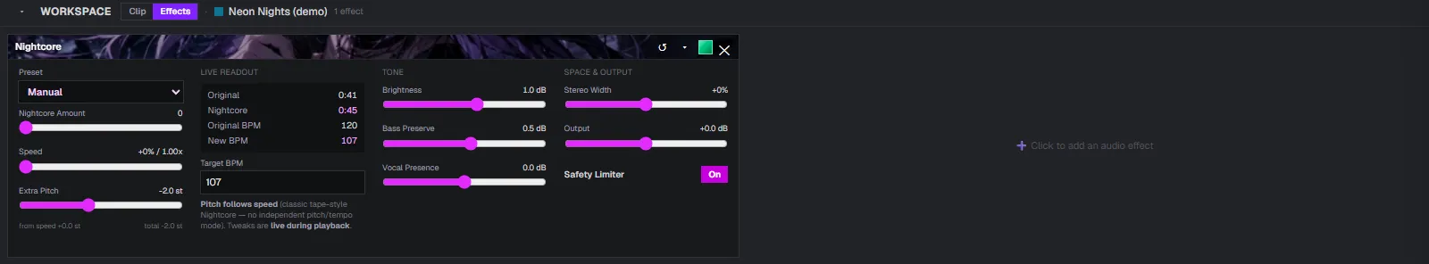 The Nightcore panel set up for a slowed edit: speed at 0 and Extra Pitch at minus 2 semitones, readout showing 107 BPM