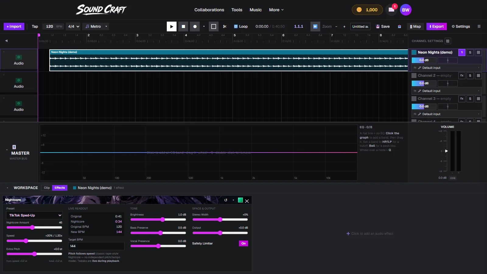 SoundCraft with the TikTok Sped-Up preset applied to a song, showing the speed control and a before/after BPM readout
