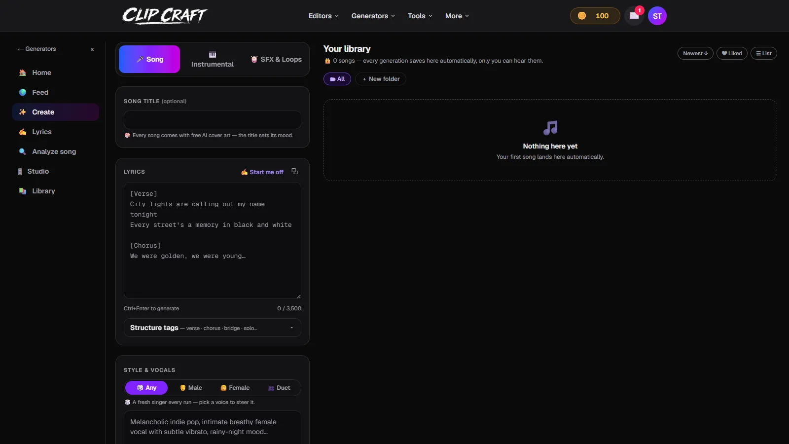 ClipCraft's Audio Studio, a Suno alternative, with Song, Instrumental and SFX modes, a lyric sheet and a style prompt