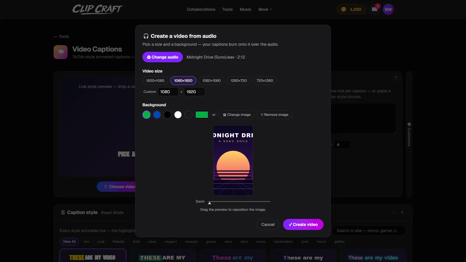 ClipCraft's create-a-video-from-audio setup modal with a Suno song loaded, size chips, and a cover image background