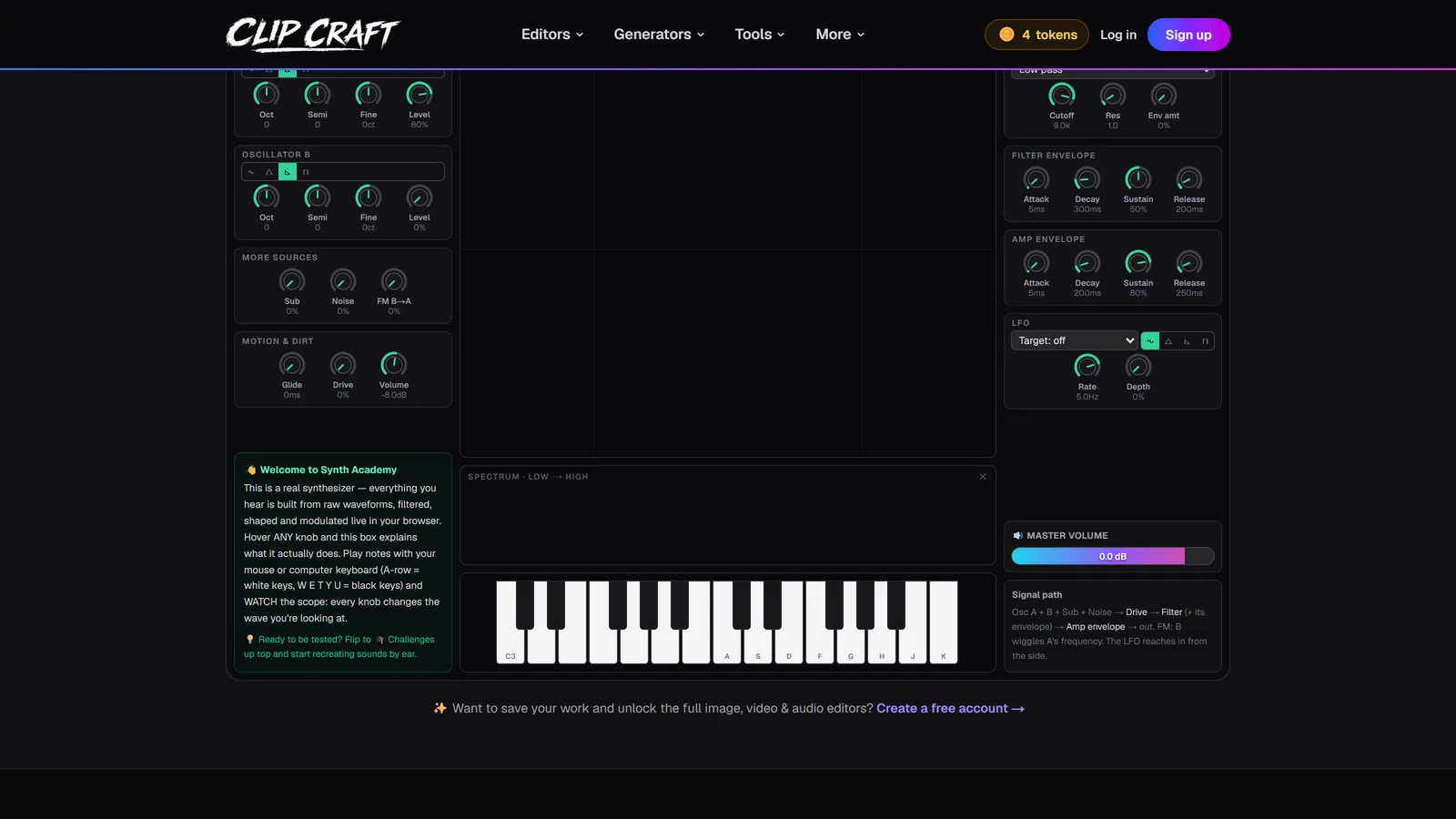 A free Syntorial alternative: the Synth Academy interface with oscillators, filter, envelopes, an oscilloscope and an on-screen keyboard