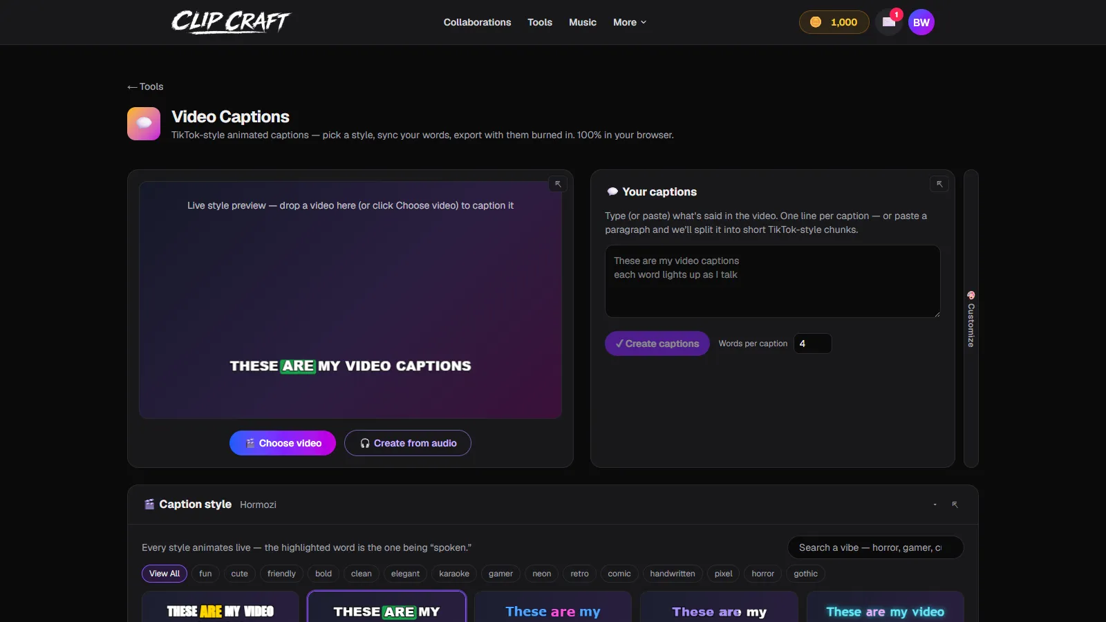 ClipCraft's Video Captions tool with a live style preview and the captions editor open
