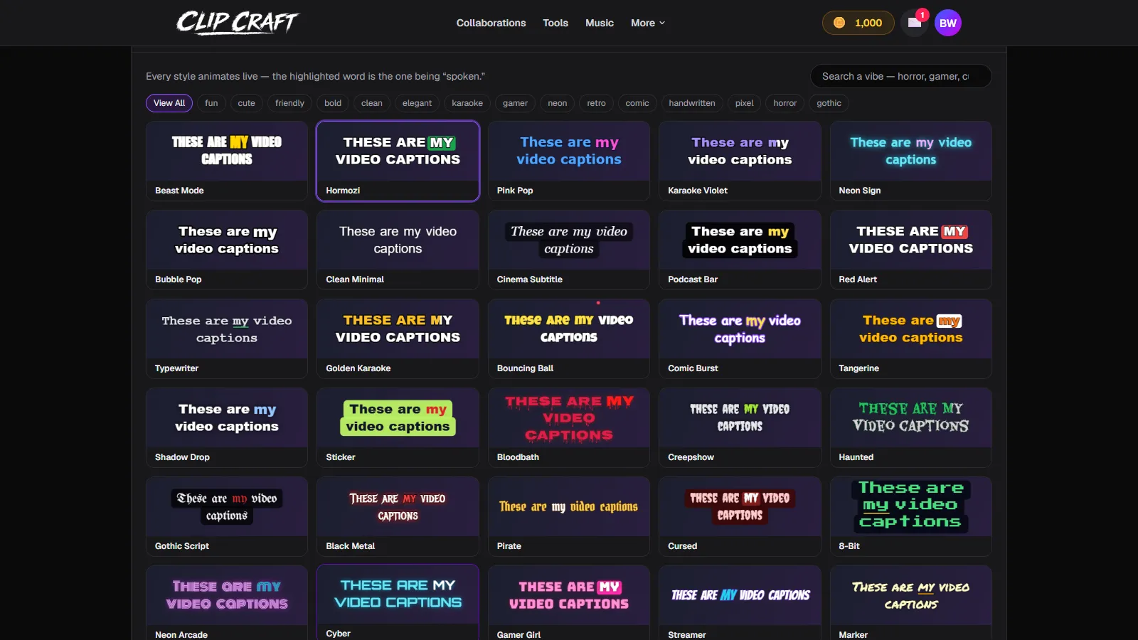 The caption style gallery in ClipCraft showing dozens of animated TikTok-style caption presets
