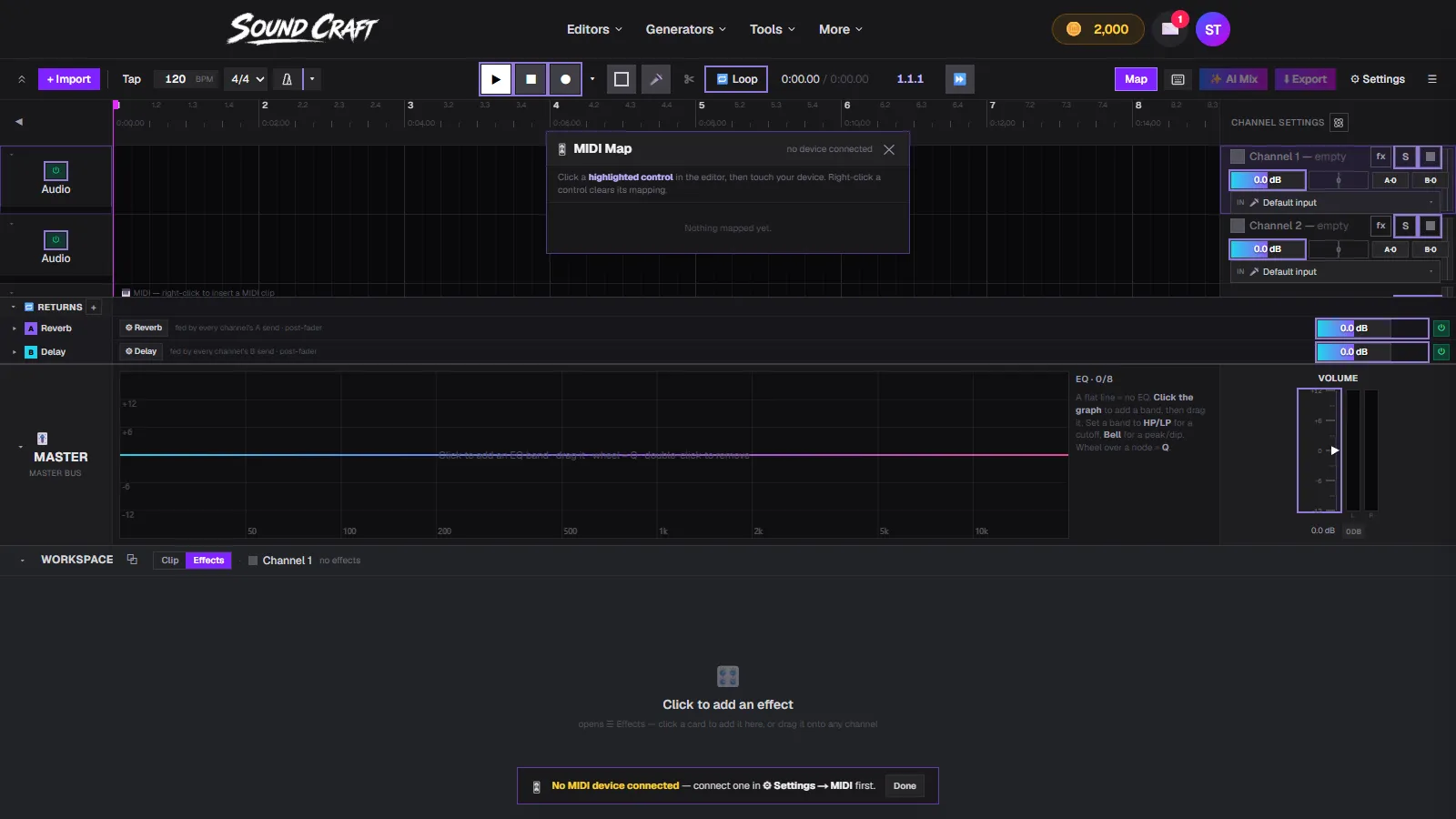 SoundCraft's MIDI Map overlay with mappable controls highlighted and a banner asking to connect a device in settings
