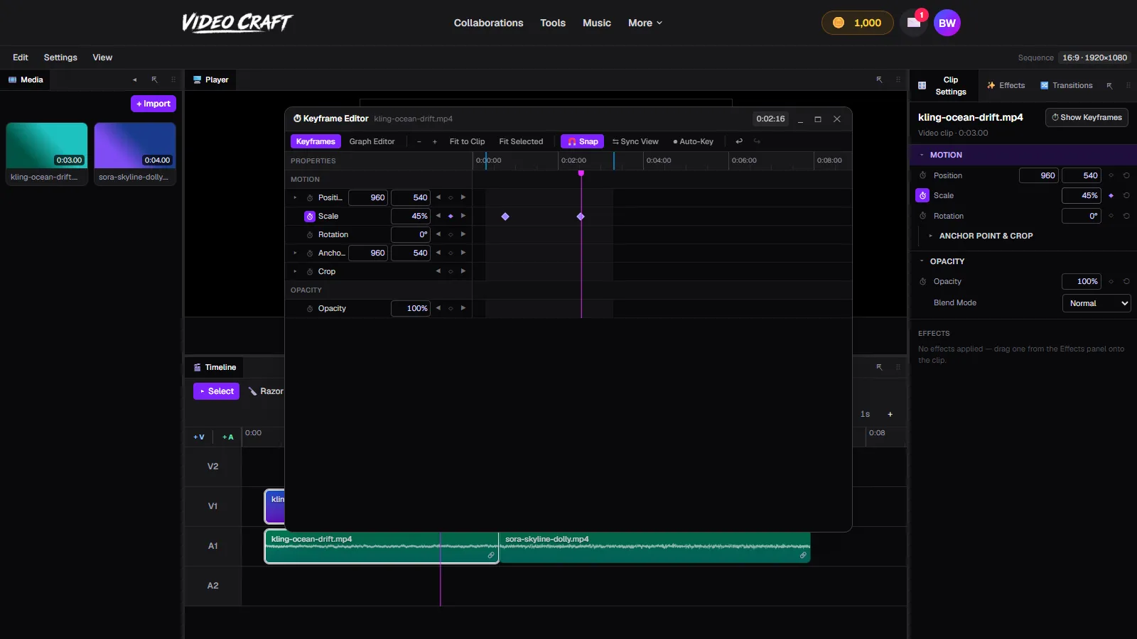 The floating Keyframe Editor window in VideoCraft with two keyframes on the Scale lane