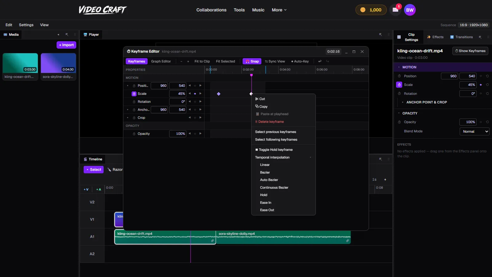 Right-click menu on a keyframe in VideoCraft showing Hold and the temporal interpolation options