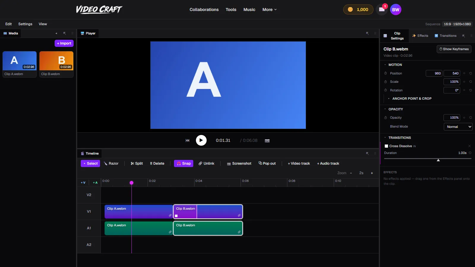 A cross dissolve added to a cut in VideoCraft, shown as a fuchsia block on the clip's edge