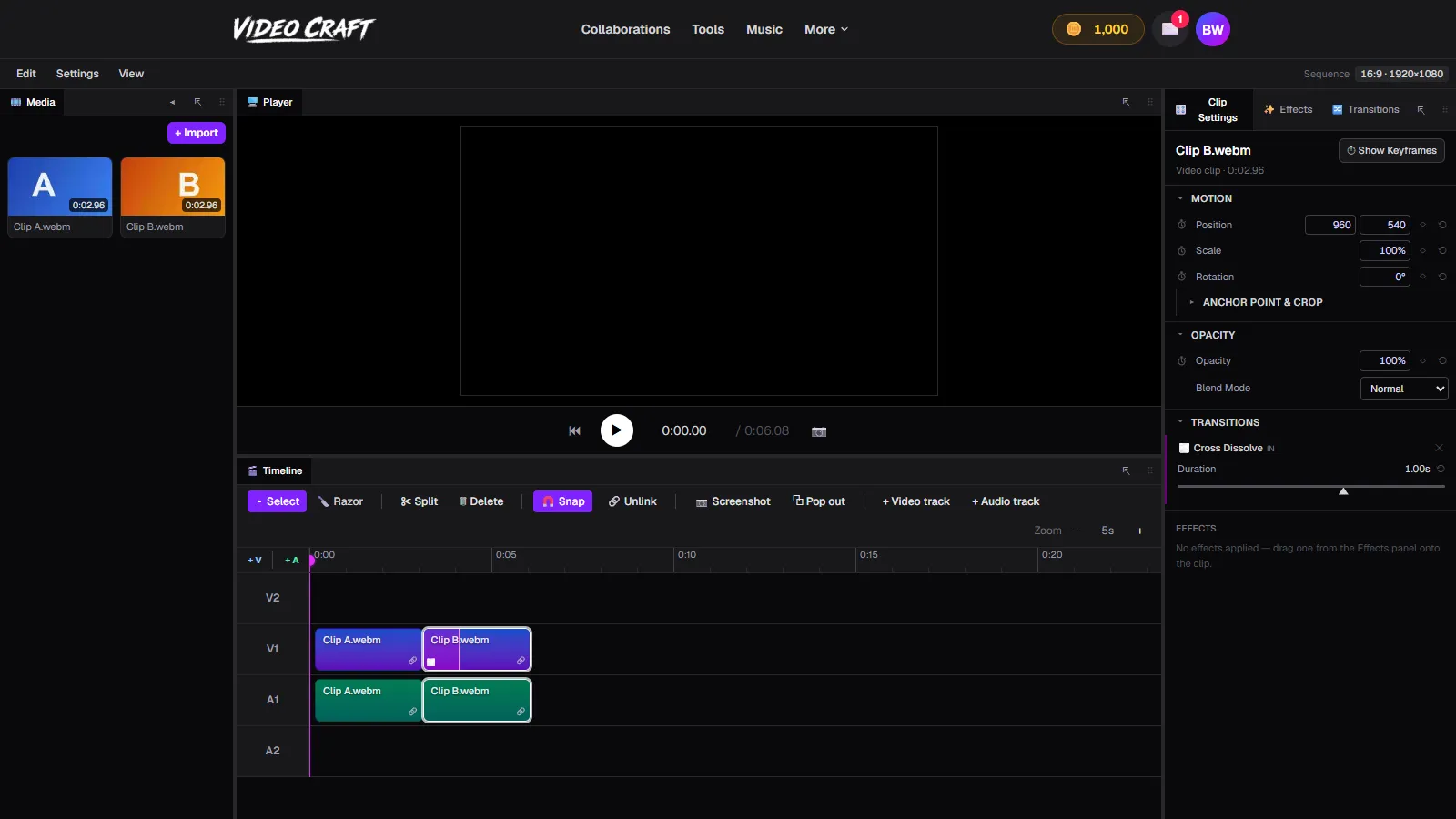 The Transitions section in VideoCraft's Clip Settings with a Cross Dissolve and a duration slider