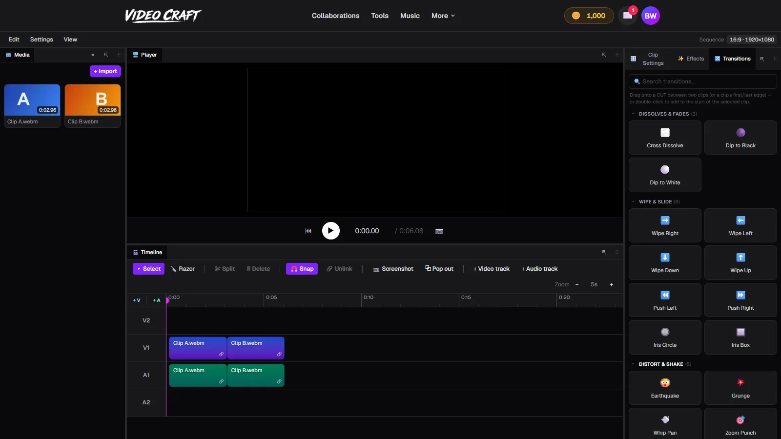 VideoCraft's Transitions panel showing all 16 video transitions across three categories
