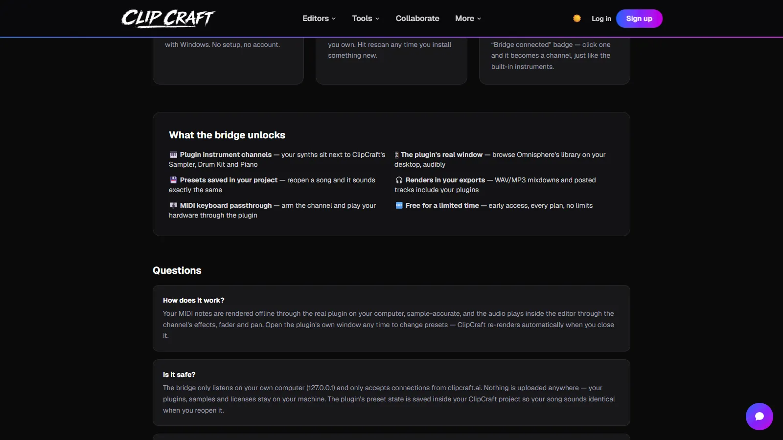 The Bridge page's feature list and FAQ covering safety, supported plugins and SmartScreen