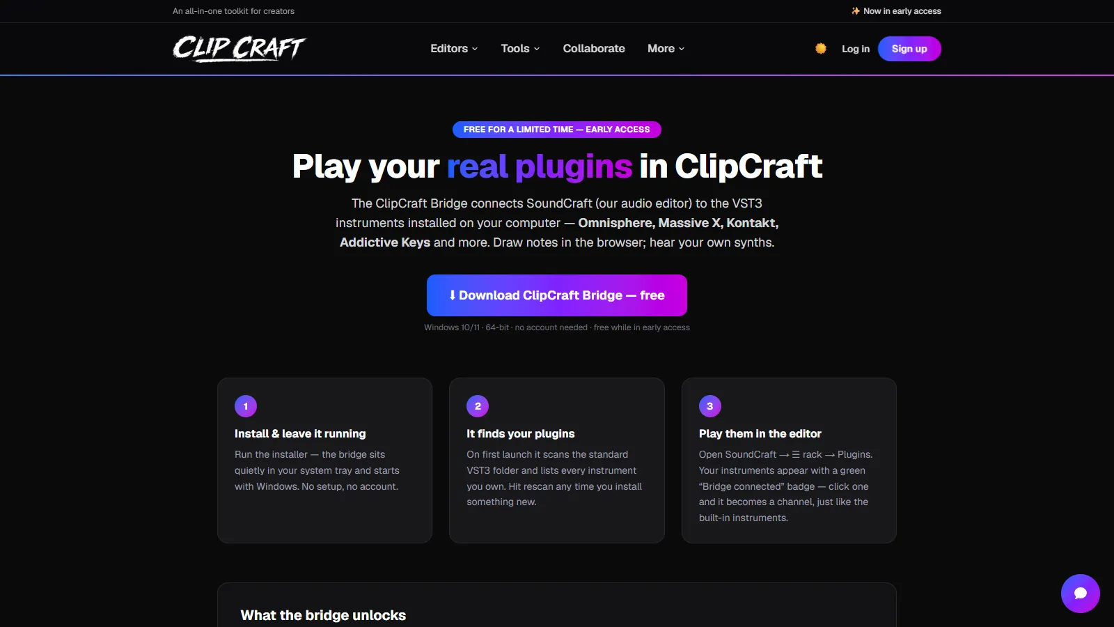 The ClipCraft Bridge download page with its free installer button and three install steps